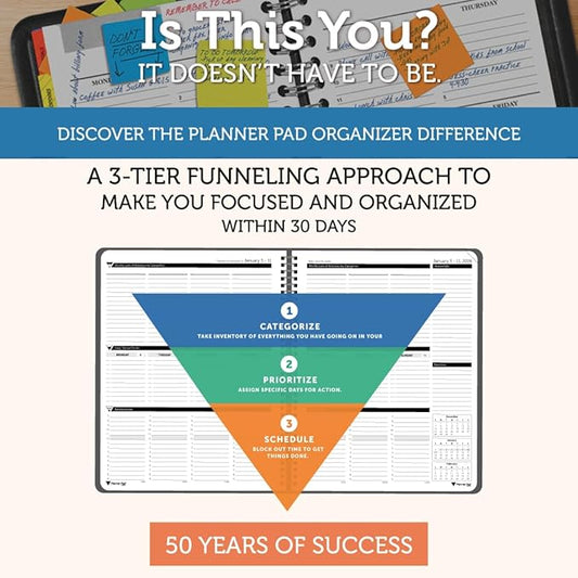 Planner Pad Spiral Bound January-December 2026/ Calendar Year 6 3/4" x 8 1/2" Medium 3-Tier Funnel Down 12 Month Organizer, Black Cover/Black Ink