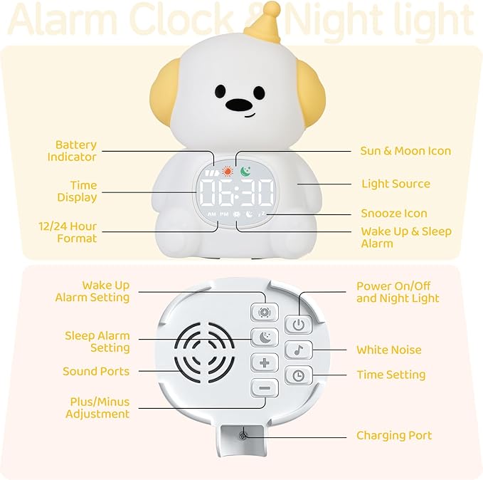 Alarm Clock for Kids with Night Light, Sleep Training Clock Time to Wake Clock, Rechargeable Silicone Light for Bedroom, Perfect Sleep Companion for Boys Girls,Dog
