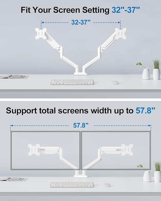 Dual Monitor Mount Fits 17 to 32 Inch Computer Screen, Dual Monitor Arm Hold 4.4-19.8lbs Each, Full Motion Monitor Desk Mounts for 2 Monitors, Gas Spring Monitor Stand, VESA Mount, Freelift
