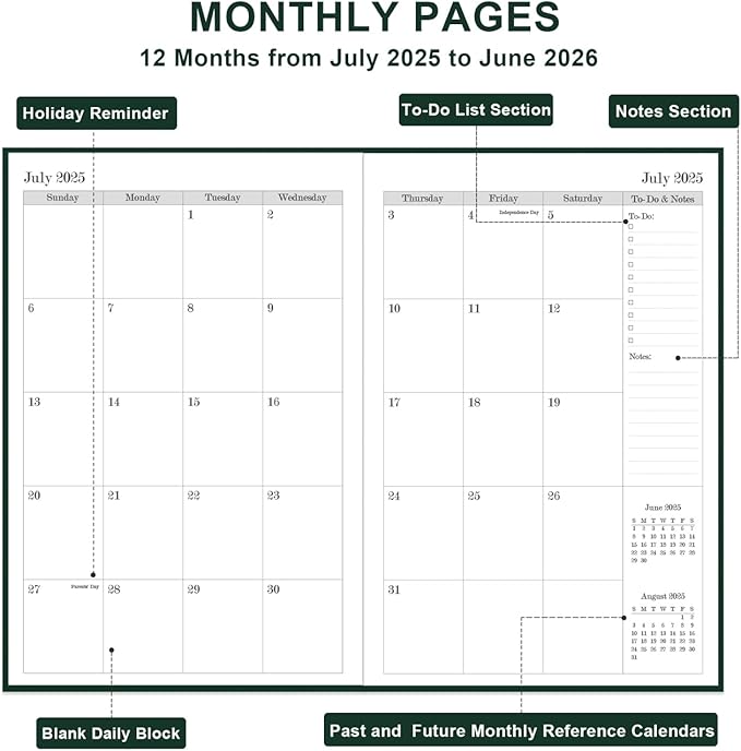 2025-2026 Daily & Monthly Planner - 2025 2026 Academic Year Planner One Page Per Day from July 2025 to June 2026, Hourly Appointment Book Perfect Organizer Daily Life, Fabric Cover, 5.8'' x 8.3'', Green