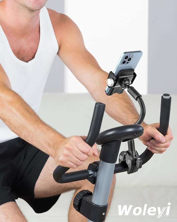 woleyi Gooseneck Phone Mount for Treadmill, Spin Bike Phone Holder Handlebar Clamp for Exercise Bike Peloton, Stationary Indoor Cycling, Stroller, for iPhone 16 Pro Max/15/14/13/12/11, 4-7" Smartphone