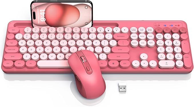 Wireless Keyboard and Mouse Combo, Retro Round Keycaps, Cute Full-Size Typewriter Keyboard with Phone Holder, Sleep Mode, Click Soft, 2.4GHz Cordless Connection for Windows/PC/Laptop (Pink-Colorful)