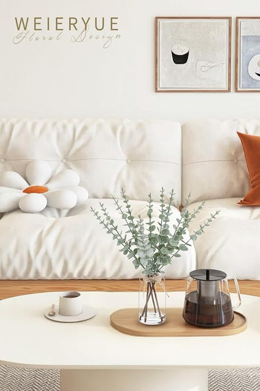 Artificial Eucalyptus Stems in Glass Vase with Faux Water,Artificial Plants Eucalyptus Leaves for Shelf Desk Bathroom Farmhouse Room Coffee Table Home Decor, Central Decoration.