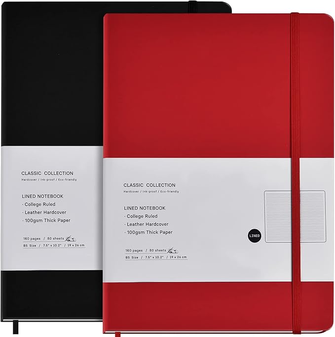 2 Pack B5 Journal Notebooks Classic College Ruled Notebooks Hardcover Lined Journals for Office Home School Business Writing Note Taking, 10.2 x 7.5 inch, 100GSM Thick Paper, 160 Pages (Black/Red)