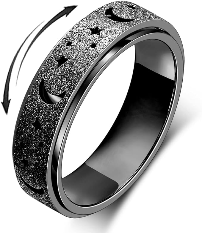 Anxiety Ring for Women Spinner Ring Fidget Ring Fidget Toys Adults Spinner Thumb Ring Anxiety Fidget Rings for Women Stainless Steel Anxiety Fidget Ring Men(Moon Star-Black, 10)