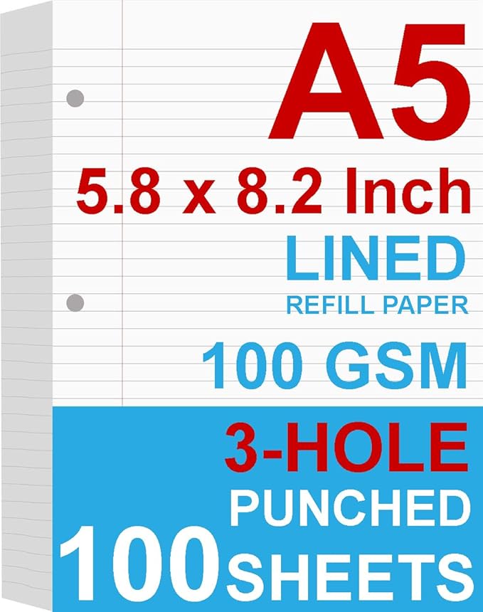 A5 Filler Paper, 3 Hole Planner Refills, Organizer, Loose-leaf Binder Paper, 100 Sheets/200 Pages, Lined, 100gsm, White, 5.8 x 8.2 Inch, 3 Hole Filler Paper, Mini Binder Refill Inserts