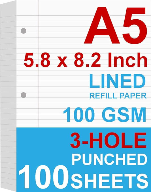 A5 Filler Paper, 3 Hole Planner Refills, Organizer, Loose-leaf Binder Paper, 100 Sheets/200 Pages, Lined, 100gsm, White, 5.8 x 8.2 Inch, 3 Hole Filler Paper, Mini Binder Refill Inserts