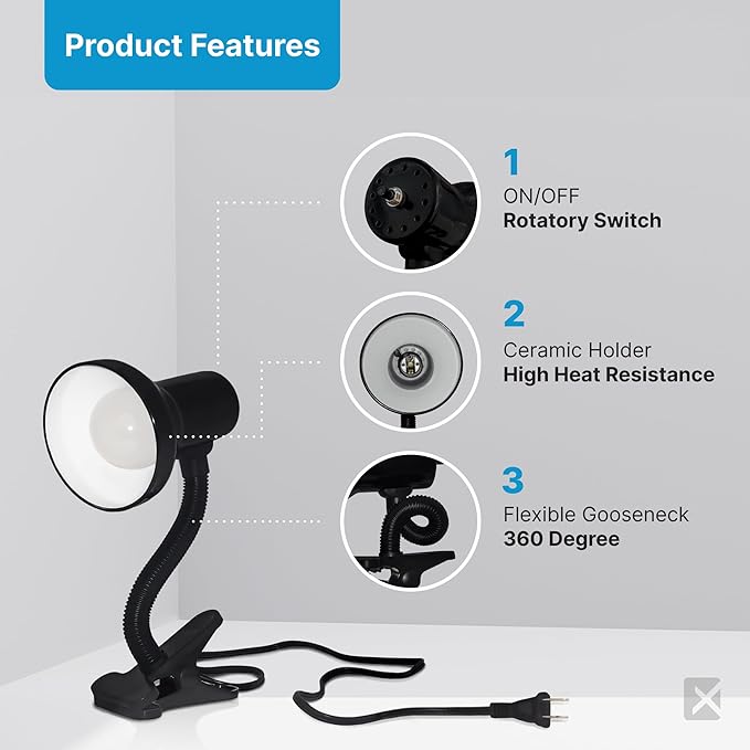 Xtricity LED Clip on Desk Lamp with 360° Flexible Gooseneck, Reading Light for Bed Headboard– 6W A19 Bulb Included, 120V, On/Off Switch, 10.25” Height Table Lamp with Black Finish