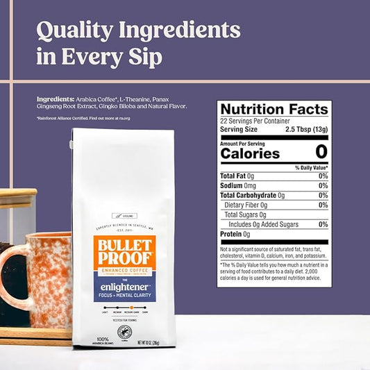 Bulletproof The Enlightener Ground Coffee, 10 Ounces, Medium-Dark Roast Enhanced Coffee with L-Theanine, Panax Ginseng and Gingko Biloba, Supports Mental Clarity, Focus, and Memory