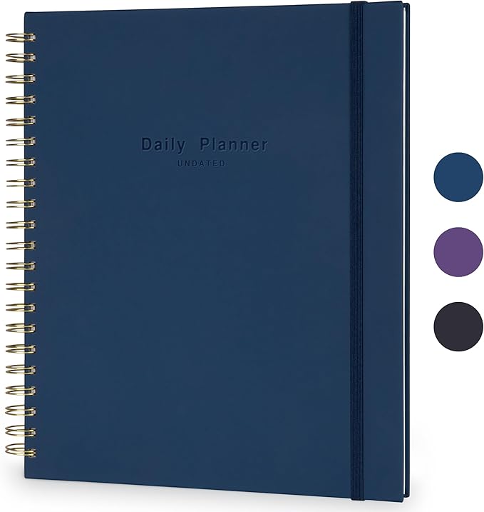 Undated Daily Planner To Do List Hourly Schedule 2027 2026 2025 Calendar & Holiday Habit Tracker 180 Pages Letter Size 8.5" x 11" Sheets Hardcover Spiral Bound Notebook (Navy Blue)