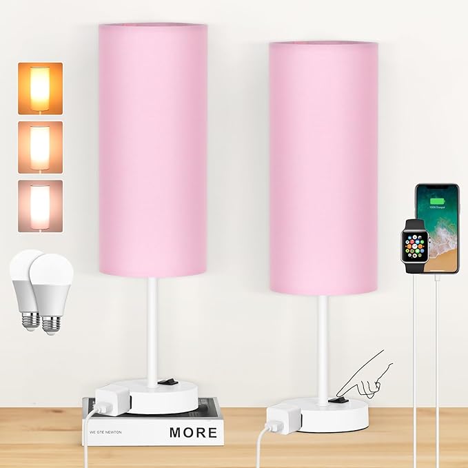 ZJOJO Table Lamp for Bedroom 2 Pack,18in Bedside Lamps with 3 Way Dimmable Rocker Switch & AC Outlet,Nightstand Desk Lamp with Pink Fabric Shade White Base for Living Room Home Decor Lights