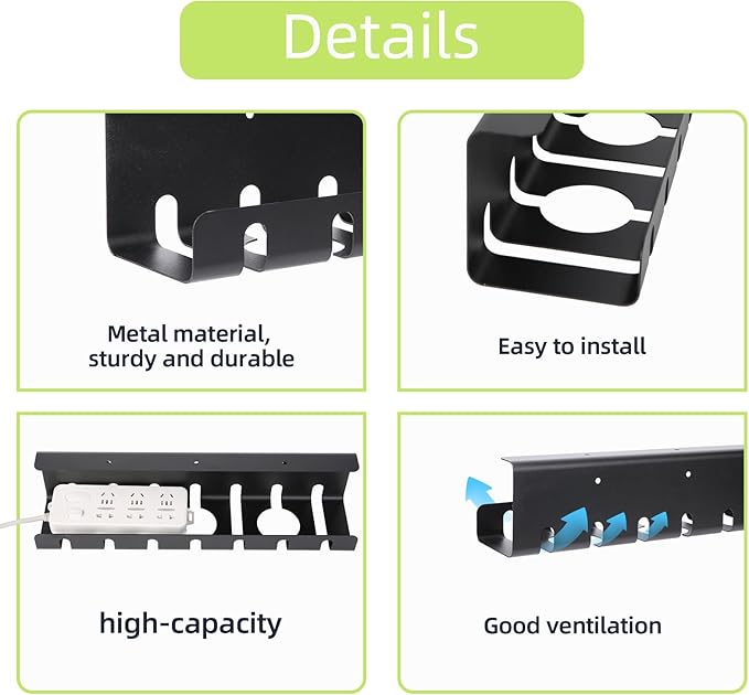 Metal Cable Management Under Desk 2 Pack for Office and Home, Cable Hider, Cord Organizer,Screw Installation Cord Organizer for Desk, with Various Accessories (Black 2 Pack)