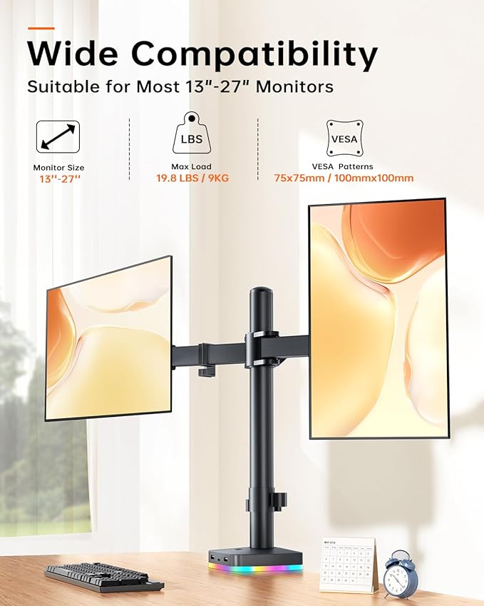 RGB Dual Monitor Stand for 2 Screens Fully Adjustable Monitor Desk Mount Sturdy Stepped Arm Design up to 17.6lbs Desk Mount with RGB USB & USB-C High Speed Data Transfer C-Clamp 75x75/100x100 VESA