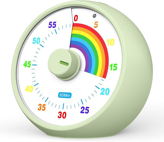 Visual Timer for Kids, 60-Minute Countdown Timer for Classroom Office Kitchen, Desk Timer Kids Time Management Tools with Silent Operation, Pomodoro Time Rainbow Pattern (Grass Green)