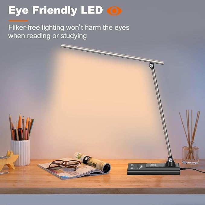 AFROG 5th Gen Multifunctional LED Desk Lamp with 10W Fast Wireless Charger, USB Charging Port,1800Lux Super Bright,5 Lighting Mode,7 Brightness, Touch Control, Auto Timer, 15W Office Table Lamp