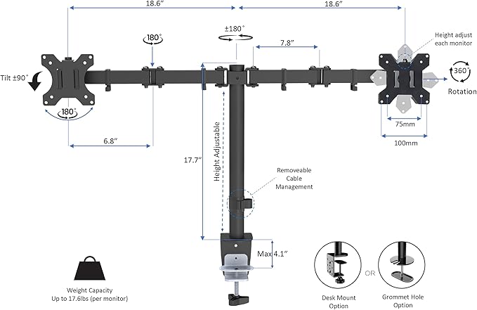Rocelco 43" Height Adjustable Standing Desk Converter with Dual Monitor Arm Mount - Tall Stand Up Tabletop Riser and Tablet Slot - Computer Workstation - Deep Keyboard Tray - Black (R VADRB-43-DM2)