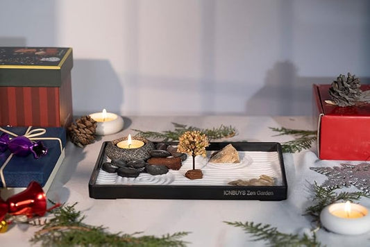 Handmade Zen Garden Pebbles Candle Holder Set with Zen Garden Tools, Sand, Base Tray and Free Accessories