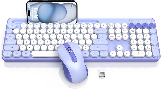 Wireless Keyboard and Mouse Combo, Retro Round Keycaps, Cute Full-Size Typewriter Keyboard with Phone Holder, Sleep Mode, Click Soft, 2.4GHz Cordless Connection for Windows/PC/Laptop (Purple-Colorful)