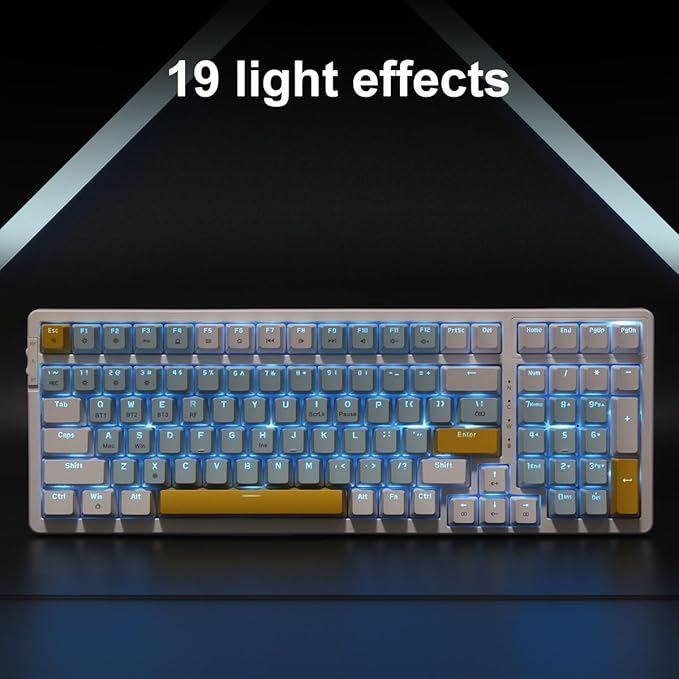 Wireless Mechanical Keyboard, Triple Mode 2.4G/USB-C/BT Gaming Keyboards 100 Keys Ice-Blue Backlit, Red Switch Keyboard | Rechargeable Mechanical Gaming Keyboards | Ice Blue/W/Y