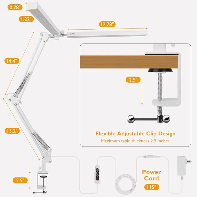 LED Desk Lamp with Clamp, Super Bright Double Head Task Light, 5 Color Modes, 10%~100% Dimmable Brightness, Modern Swing Arm Workbench Light