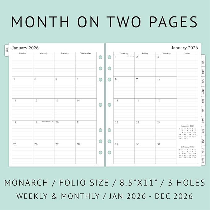 newestor 2026 Weekly Planner Refills for 3-Ring Binder with Monthly Tabs, Two Pages Per Week, 8-1/2" x 11", Folio Size 5 / Monarch