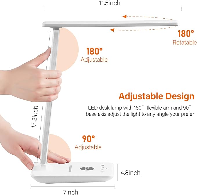 poukaran LED Desk Lamp with Wireless Charger, USB Charging Port, Office Table Lamp with Clock, Alarm, Date, Temperature for Home Office, White