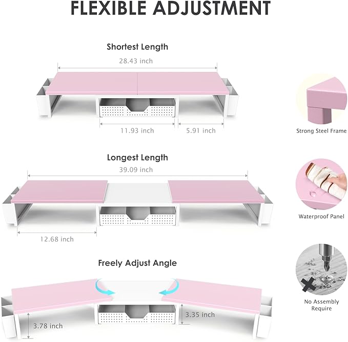 Desk Dual Monitor Stand Riser - Desk Organizer with Drawer and Pen Holders, Office Desk Accessories & Workspace Organization, Computer Monitor Stand for Laptop, Printer(Pink& White)