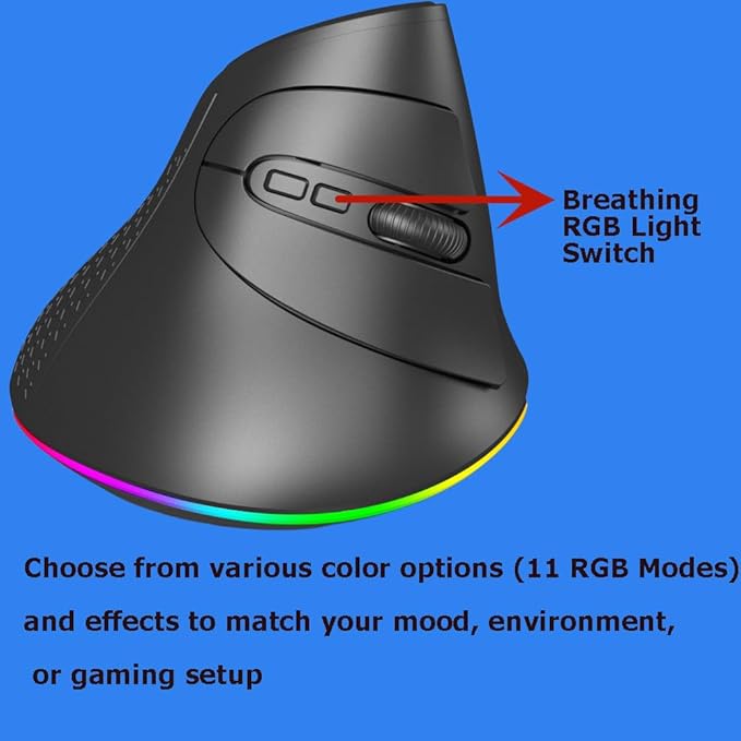 Wireless Mouse Bluetooth Rechargeable Dual Mode Ergonomic Vertical Large Carpal Tunnel Ergo Optical Travel Cordless Mice for PC Laptop Computer Mac iPad Pro MacBook Pro/Air,RGB Light,Side Buttons