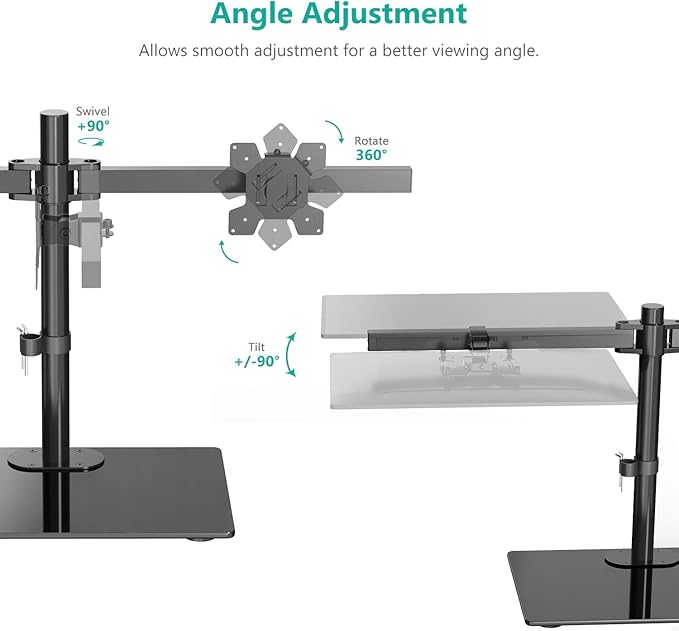 WALI Free Standing Dual Monitor Stand, Height Adjustable Monitor Mount with Glass Base, Fits LCD LED Flat Curved Screen up to 27 inch, 22lbs, with Grommet Base (GMF002)
