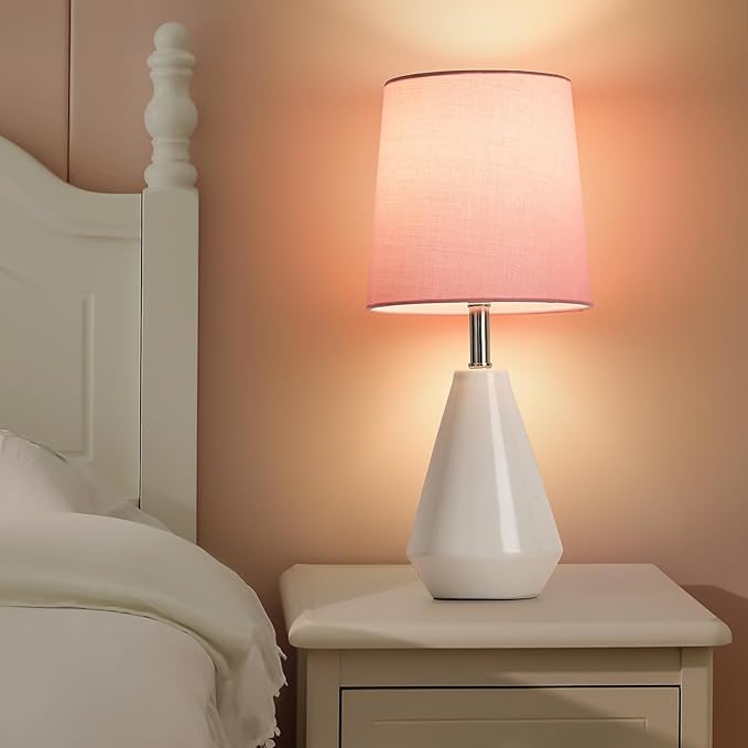 Small Bedside Table Lamp for Bedroom - Reading Desk Lamp with 3 Color Temperatures,15.5" Nightstand Ceramic Lamp with Fabric Shade for Kids Room,Living Room,Dorm,Home Office (White+Pink)