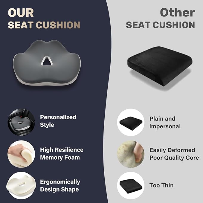 Coverado Car Seat Cushion for Car Seat Driver/Passenger, Memory Foam Seat Cushions for Office Chairs, Tailbone Pain Relief Cushion, Sciatica & Back Support Black&Gray