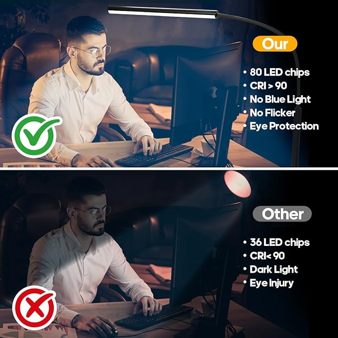 LED Desk Lamp with Clamp, Eye-Protection Clip on Desk Lamp, 5 Modes 10 Brightness Adjustment, 360°Flexible Gooseneck Lamp for Home Office, Lamps with USB Adapter,Black