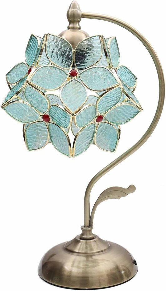 Bieye L10932 Tiffany Style Stained Glass Flower Petal Table Lamp with Brass Base for Home Décor (Light Blue, 8" Apple Blossom)