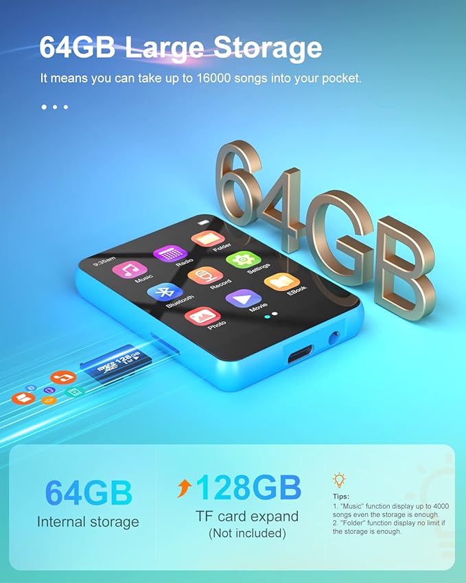 64GB 2.4" Full Touch Screen MP3 Player with Bluetooth 5.3, Portable HiFi Sound Quality Music Player with Speaker, FM Radio, Line-in Voice Recorder, E-Book, Headphones Included, Max 128GB Expandable
