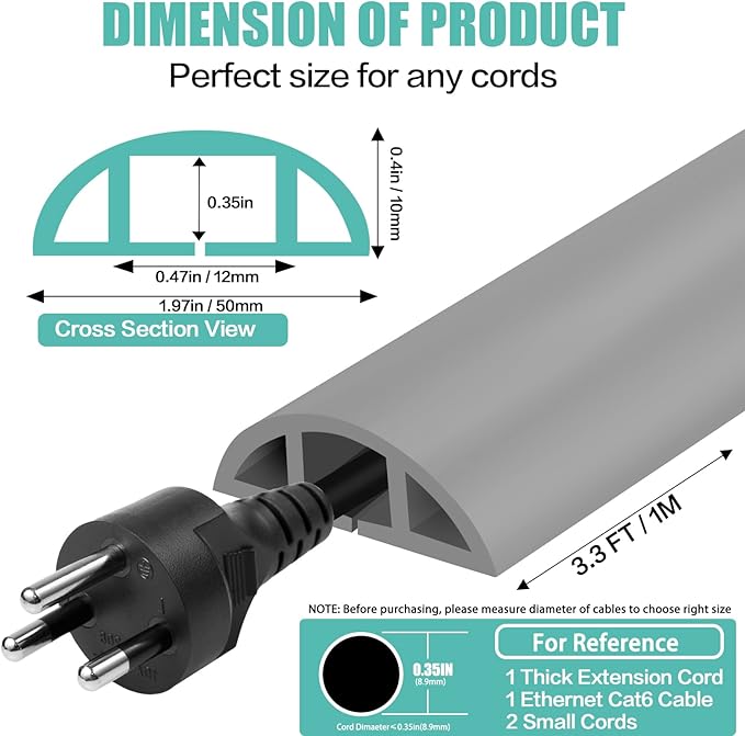 Floor Cord Cover Self Adhesive Cord Hider,3.3FT Cable Management, Extension Strip Protector for Wires, Prevent Cable Trips for Offices, Gyms, Exhibitions Cavity:0.47"(W) x 0.35"(H) Gray