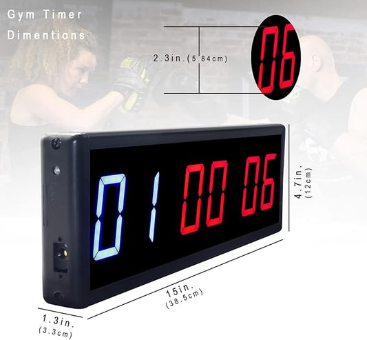 Large Countdown Clock Interval Gym Timer with Remote Wall Mount Ultra-Clear Digital Gym Clock for Workout 15" x 4.7" Aluminum Housing 6ft Power Cord