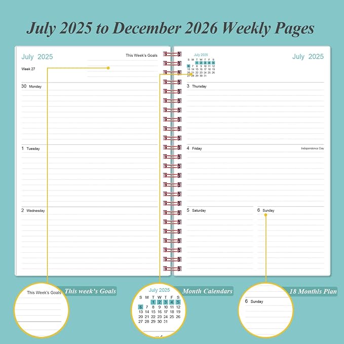 2025-2026 Planner - 18 Months Weekly & Monthly Planner from July 2025 - December 2026, Spiral Planner 2025-2026 with Elastic Closure, Inner Pocket, Medium 5.8" x 8.3", Teal Flower