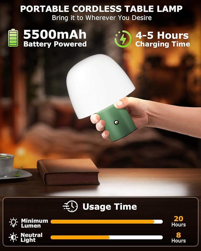Portable LED Table Lamp, Cordless Desk Lamp Rechargeable, 3-Color Touch Stepless Dimming Night Light for Bedroom/Children's Room/Terrace/Dining Room/Cafe (Green)