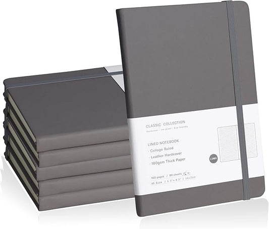 Lined Journal Notebook, 6Pack(Dark Gray), 160 Pages, Medium 5.7 inches x 8 inches - 100 gsm Thick Paper, Hardcover