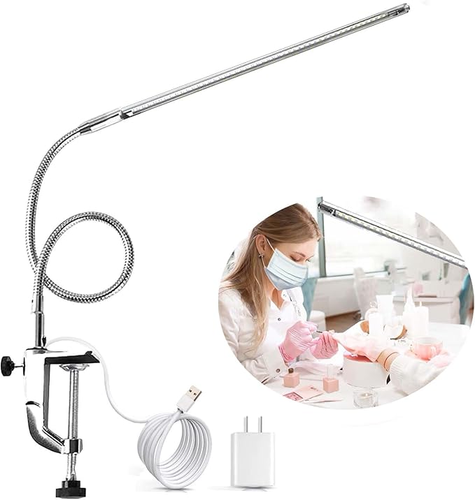 Desk Light with Clamp, USB LED 8W Clip Nail Desk Lamp Eye Care Flexible Gooseneck 360° Clamp Light for Manicure Reading Eyebrow Office Tattoo