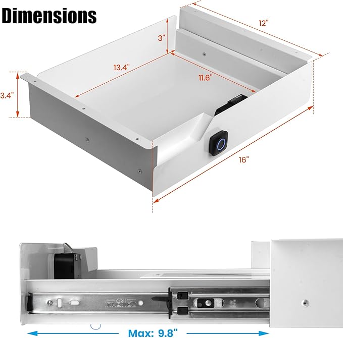 Under Desk Drawer with Lock, 16 inch Under Desk Storage Drawer, Under Desk Mounted Pull Out Drawer with Biometric Lock
