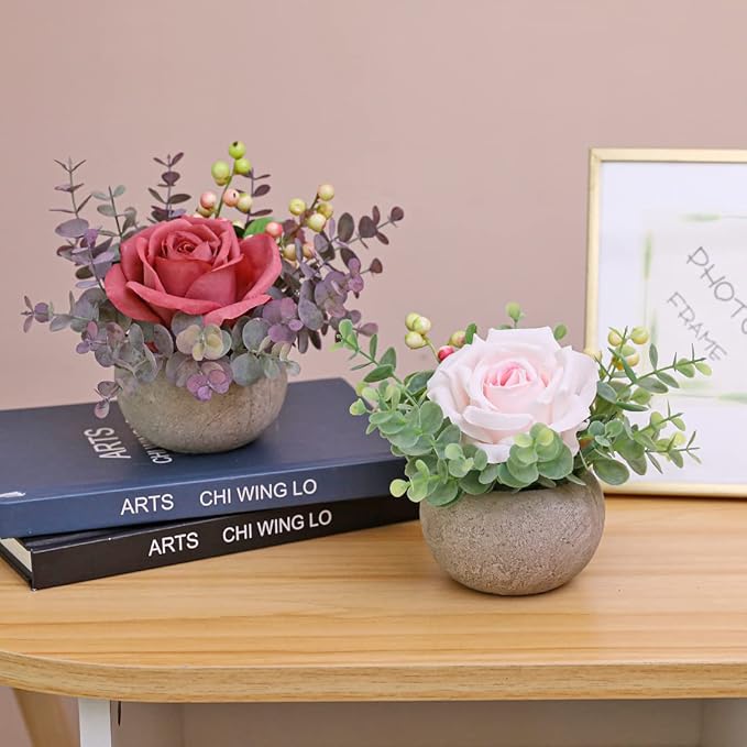 Artificial Flowers Kit with Pot, Combination of Fake Silk Light Pink Roses and Greenery,Small Plant Potted Decor for Offices,Bookshelf,Bedroom, Living Room,Party,Wedding Decorations