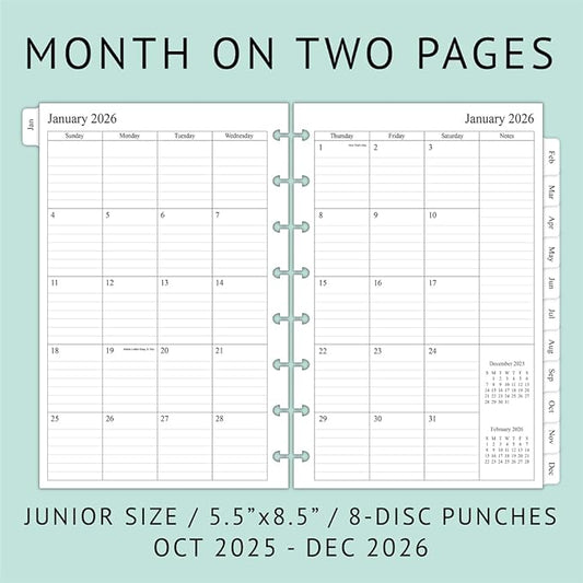 newestor 2025-2026 Monthly Planner Refill for 8-Discbound Notebook, Two Pages Per Month, Oct 2025 to Dec 2026, Junior Size 5-1/2"x8-1/2"