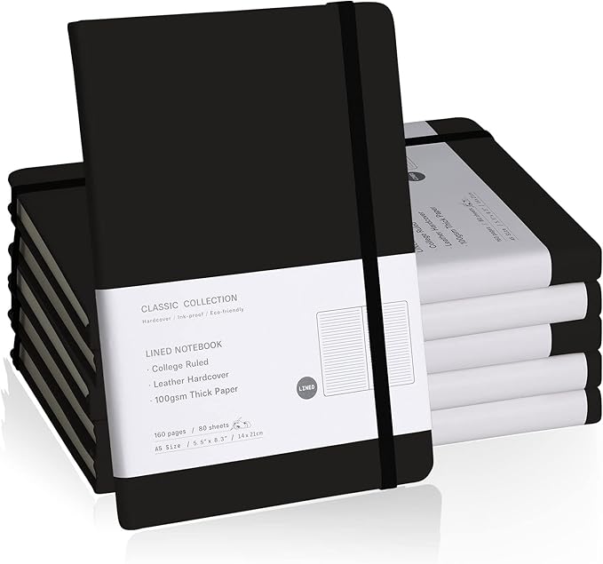 Lined Journal Notebook, 6Pack(Black), 160 Pages, Medium 5.7 inches x 8 inches - 100 gsm Thick Paper, Hardcover