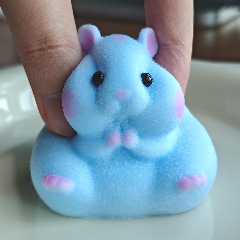 Handmade Flocked Hamster Taba Squishy Toy - Cute Realistic Silicone Animal Fidget Sensory Toy, Ultra-Soft Stress Relief Squeeze Toy for Relaxation Gift (Blue)