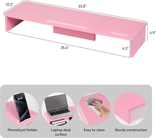 Dual Monitor Stand Riser with Phone Tablet Holder, 35.8in Large Monitor Stand for Desk, Computer Monitor Stand for 2 Monitors, Desk Shelf for Top of Desk, Desktop Organizer for Laptop, Printer, TV
