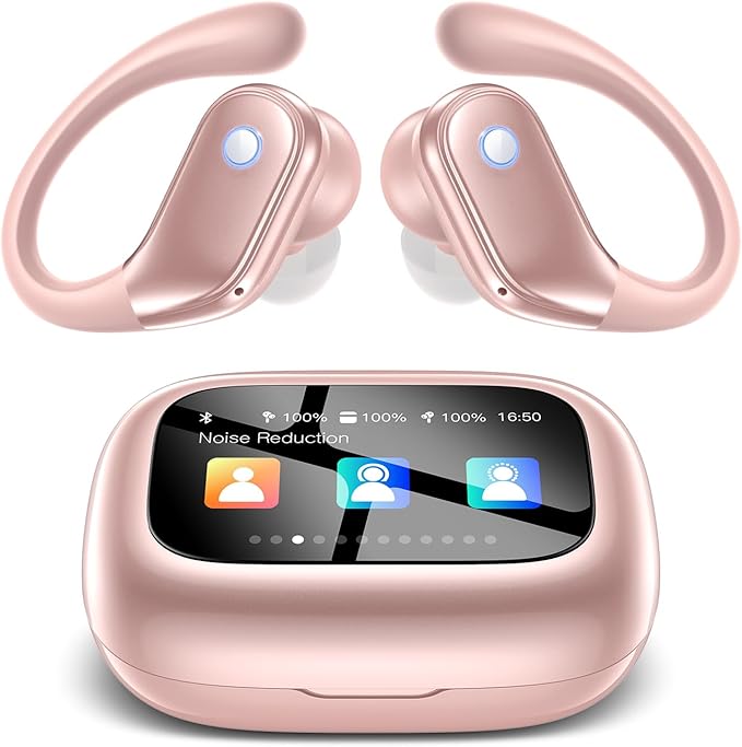 Wireless Earbuds, ENC Noise Cancelling Sport Ear Buds with Multifunctional Touch Screen, IPX7 Waterproof Bass Stereo Sound Earphone for Workout/Running, Rose Gold