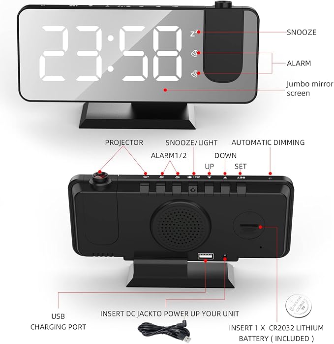 Projection Alarm Clock for Bedroom, Digital Alarm Clock with USB Charger, 7.4" Large LED Mirror Display Alarm Clock, Dual Smart Alarm with Projection on Ceiling, Black(No Temp Display)
