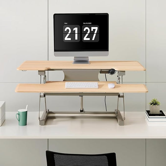 32" Electric Standing Desk Converter, Dyropcurv Series Height Adjustable Computer Desk Ergonomic Home Office Desk for Adults, Sit to Stand Desk with Quiet Motor, Light Wood