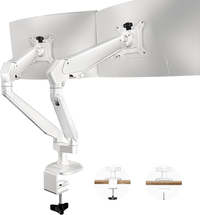 Dual Monitor Mount for 2 Screens up to 32 Inch and 19.8 lbs, Fully Adjustable Gas Spring Monitor Arm Desk Mount, Vesa Monitor Mount with C Clamp, Grommet Base, Aluminum, White